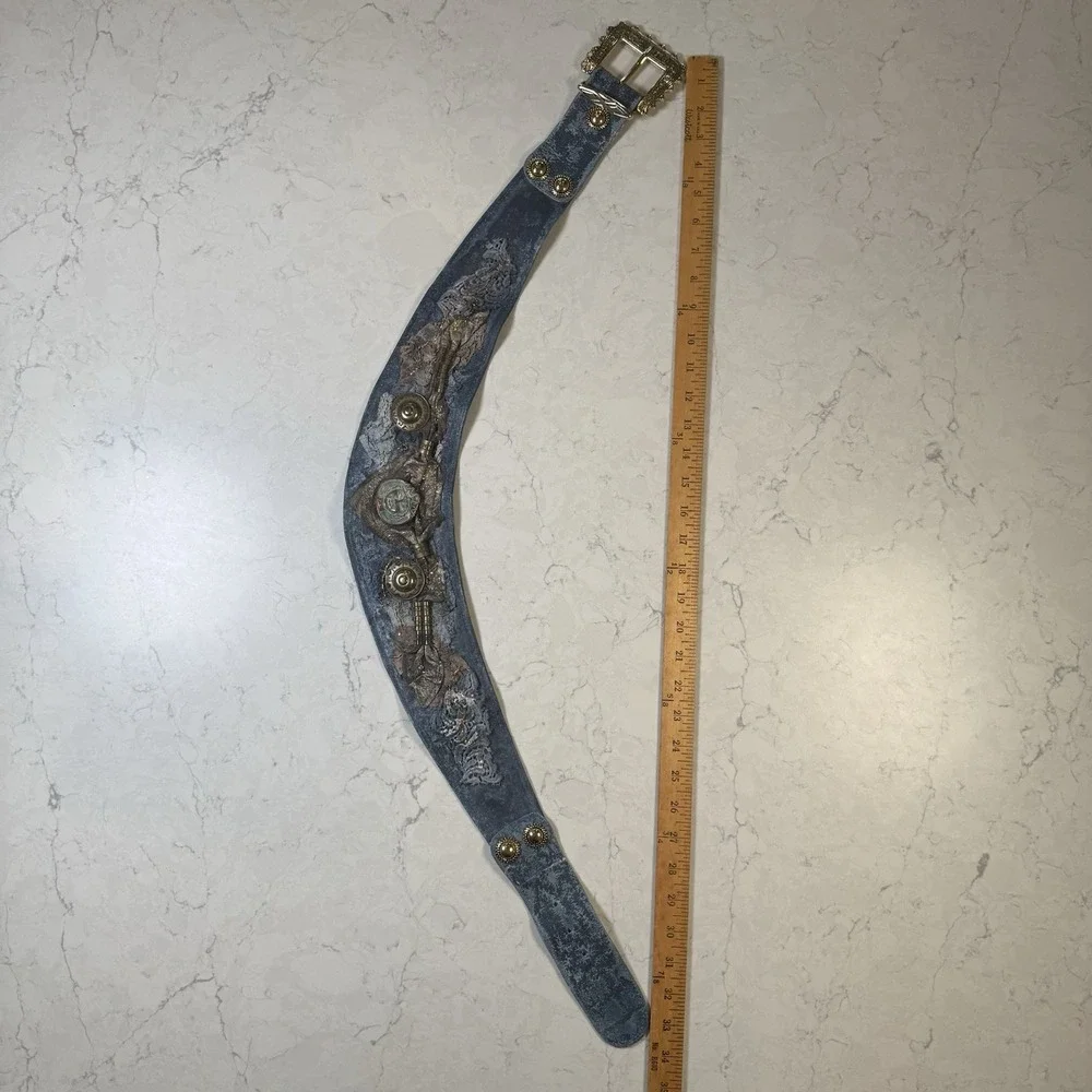 VTG Blue Suede Leather Belt Y2K Boho Festival Aztec Renaissance Made Italy M